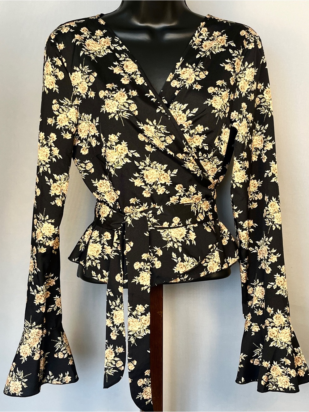 Shein Black Floral Wrap Top with Yellow Bouquet Print